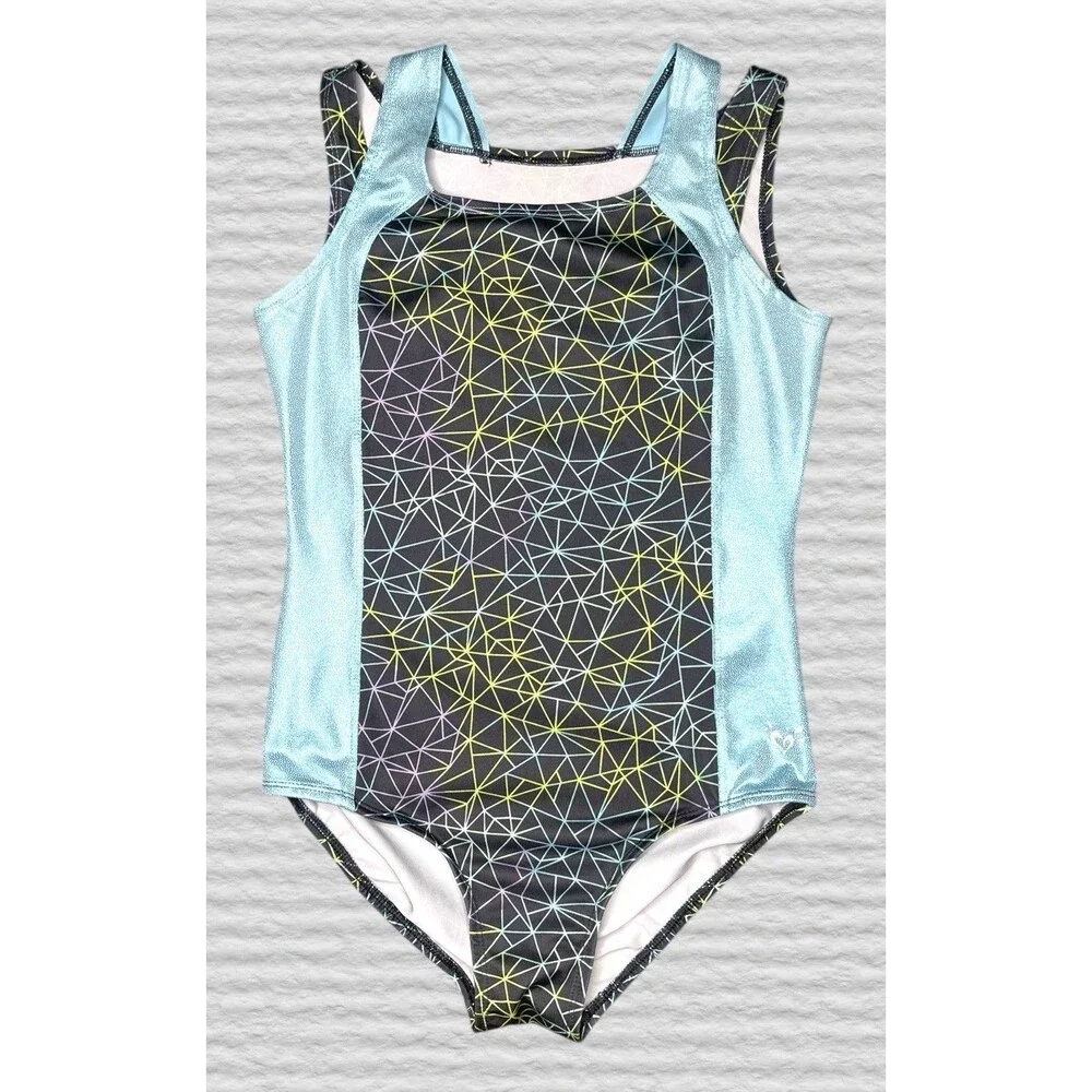 Justice Active Girls Leotard Size 14 Blue Gray Geometric Sparkly Double Strap